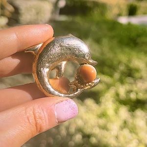PLAYFUL Dolphin with ball • Rhinestone eye • Vintage Brooch Pin